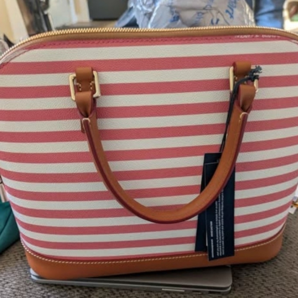 Dooney & Bourke Dome-shape Red and White Striped Satchel - Picture 3 of 5